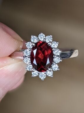 10K White Gold Garnet And Diamond Cluster Ring